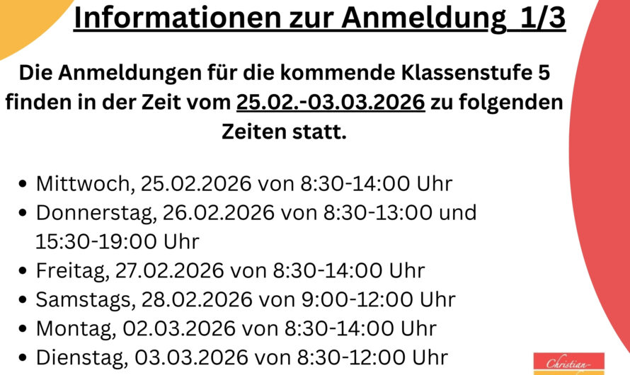 Anmeldung Klassenstufe 5 für das Schuljahr 2026/27